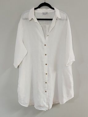 Lin Blanc Italian 100% Linen Shirt Dress Button Down Coastal Laganlook White XL